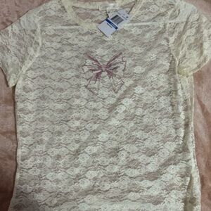 Ultra Flirt Cream Lace Blouse with Pink Bow